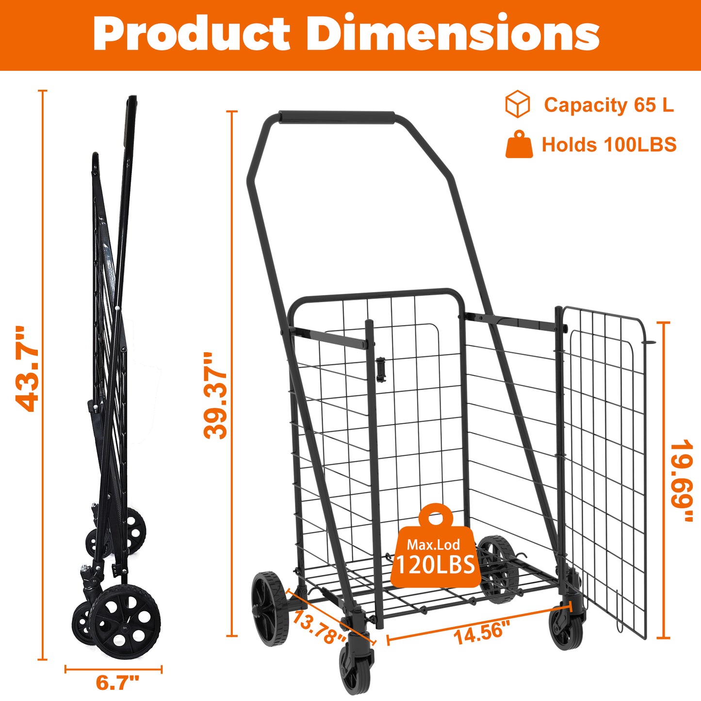 Shopping Cart with open door,Grocery Cart on Wheels, Foldable Utility Shopping Carts with 360° Rolling Swivel Wheels for Groceries Laundry