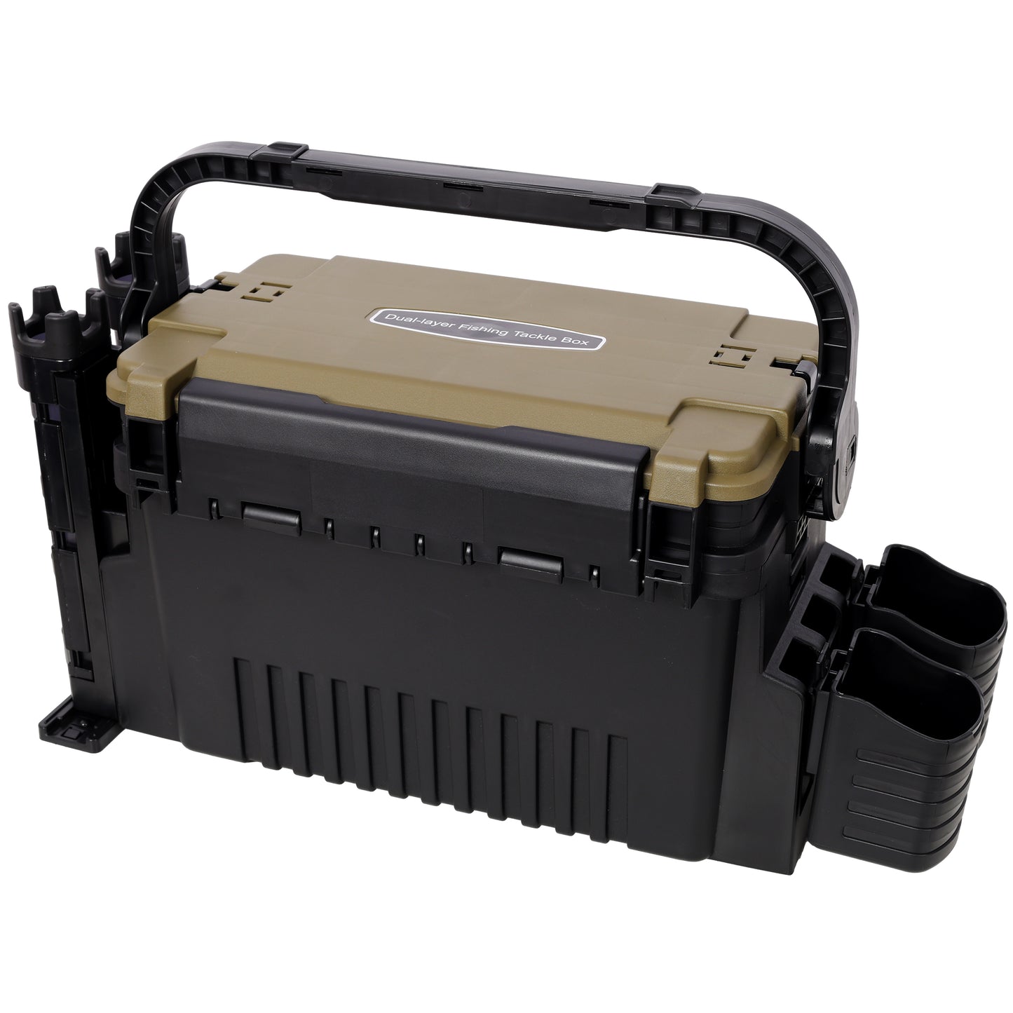 Dual-layer Fishing Tackle Box,Tackle Box Organizer Fishing Box Large,With 2pcs Rod Holder,2pcs Cup Holder,1pc Carring Strap,Army Green