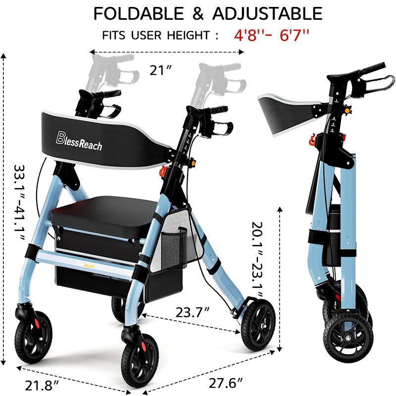 Foldable Rollator Walkers with Seat for Seniors, 450 lb Capacity, 8" Wheels, 18" Big Seat, 6-Position Adjustable Height, Heavy-Duty Aluminum Rolling Walker (BLUE)