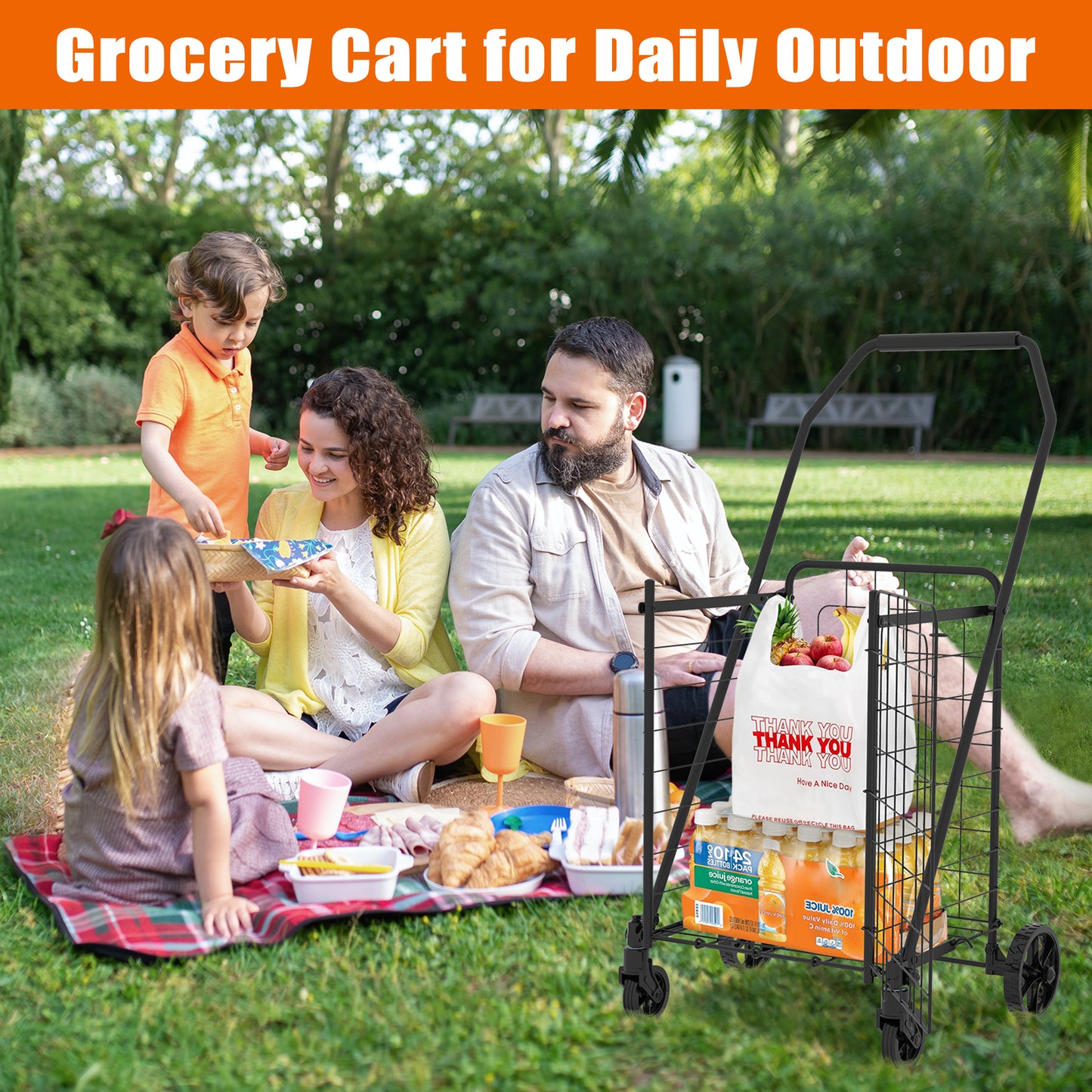 Shopping Cart with open door,Grocery Cart on Wheels, Foldable Utility Shopping Carts with 360° Rolling Swivel Wheels for Groceries Laundry