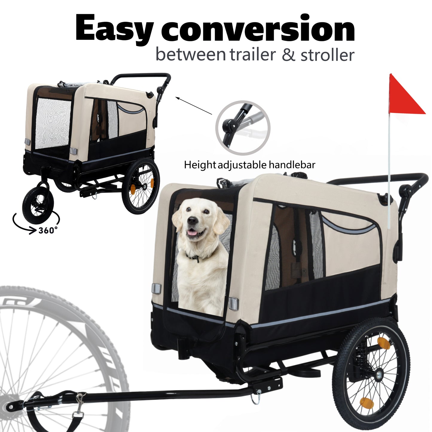 2-in-1 Bike Trailer & Push Cart for Pets - Detachable Bike Hitch & Push Handle Included - All-Terrain Wheels, Quick Release Wheel, Non-Slip Floor, Internal Leash, Holds Up to 88 lbs, Black- Beige