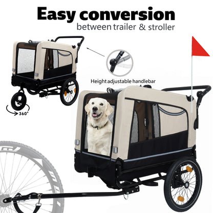 2-in-1 Bike Trailer & Push Cart for Pets - Detachable Bike Hitch & Push Handle Included - All-Terrain Wheels, Quick Release Wheel, Non-Slip Floor, Internal Leash, Holds Up to 88 lbs, Black- Beige