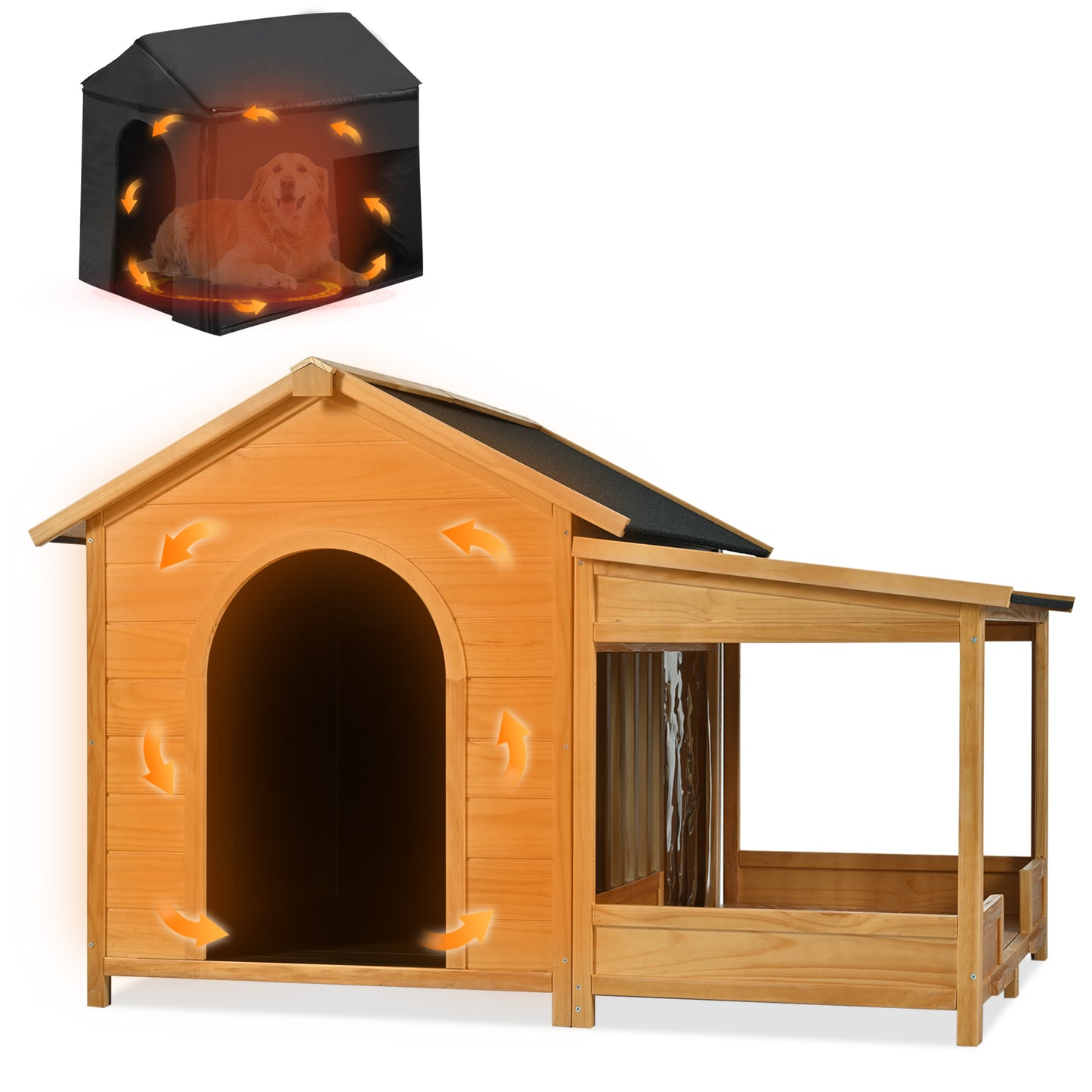 60.2" Large Outdoor Dog House with Insulated Liner for Winter Waterproof Dog Kennel for Medium & Large Dogs, Dog House with Porch and Asphalt Roof and Elevated Floor, Nature