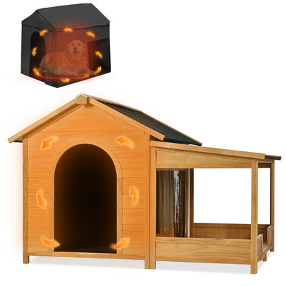 60.2" Large Outdoor Dog House with Insulated Liner for Winter Waterproof Dog Kennel for Medium & Large Dogs, Dog House with Porch and Asphalt Roof and Elevated Floor, Nature