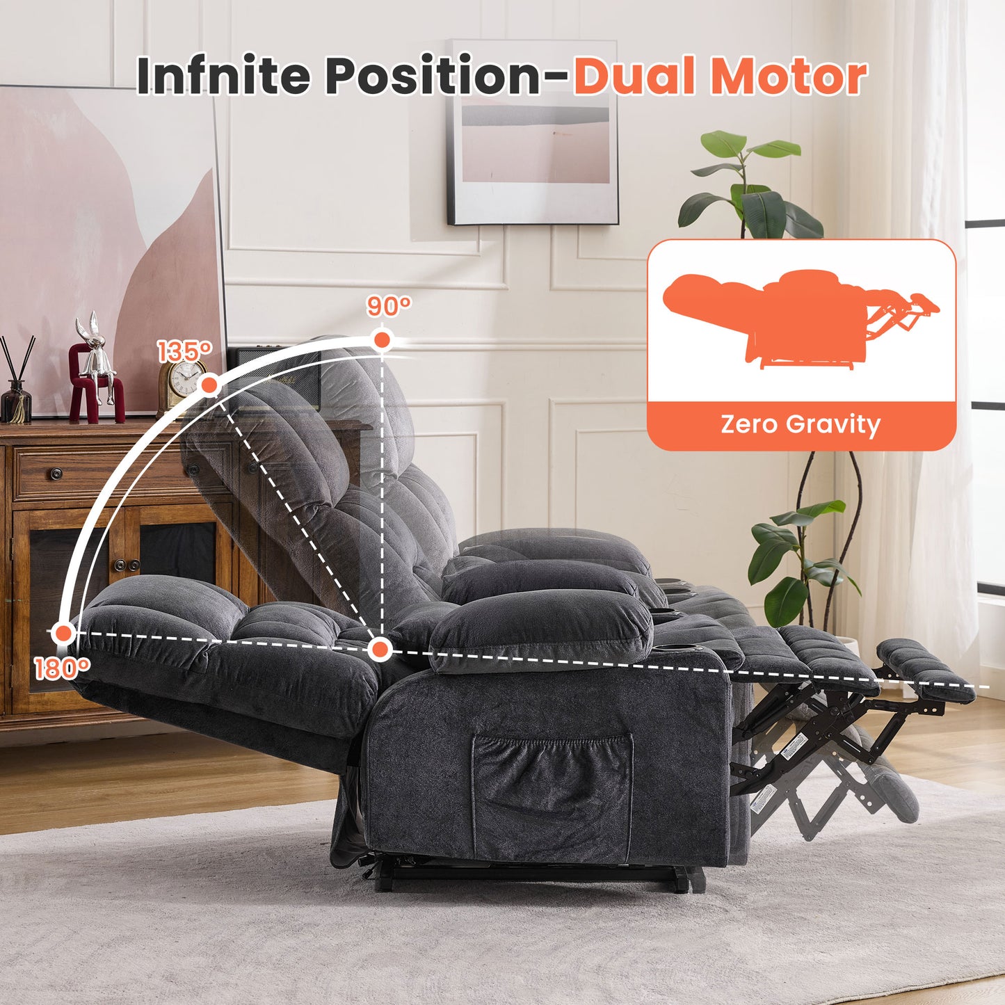 Dual Motor Large Power Lift Recliner Chair for Elderly, Lay Flat Lift Chair with knead the waist and heat, Big Lift Recliner for Tall People, Cup Holders,GREY