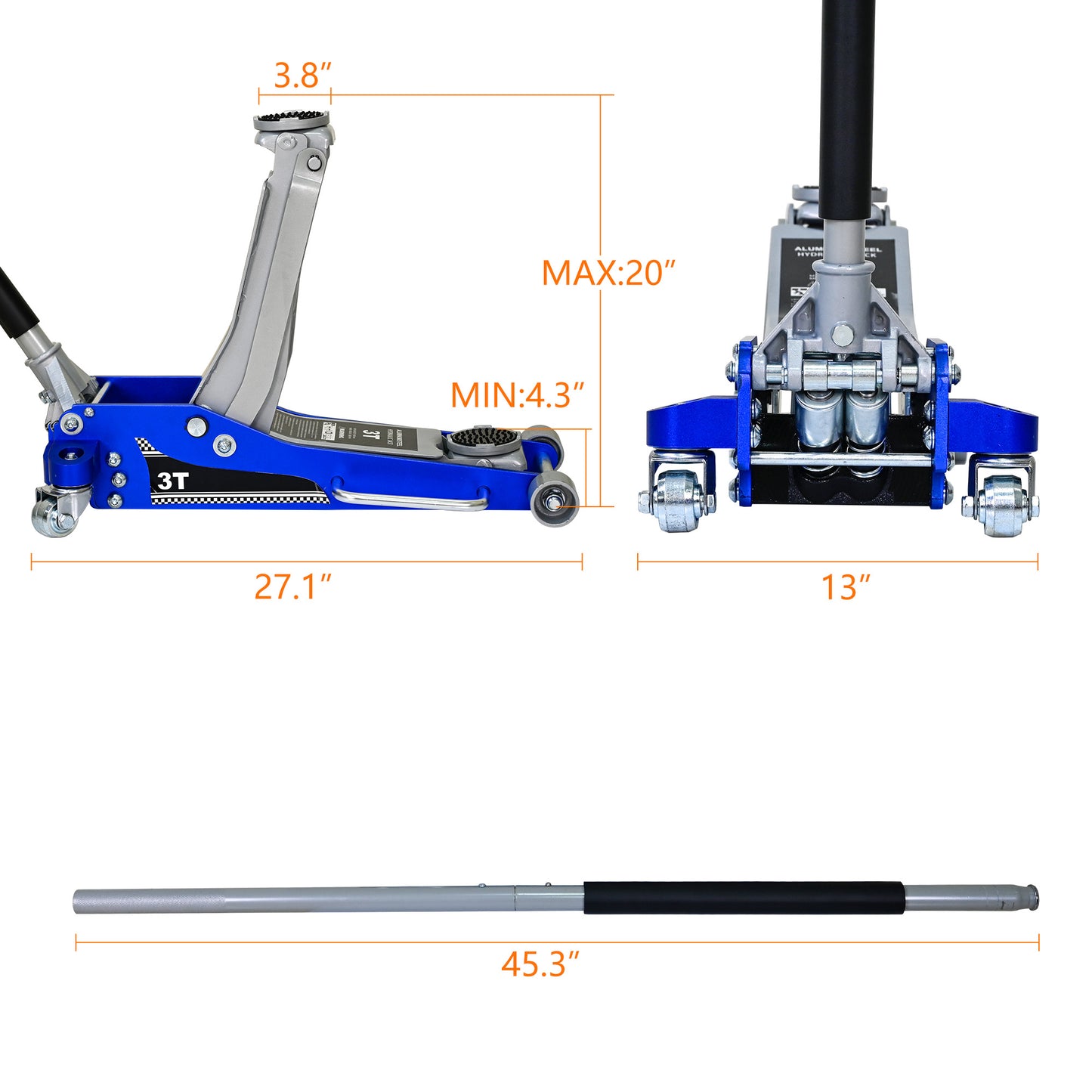 3T Aluminum Iron Horizontal Jack/Hydraulic Trolley Service/Floor Jack with Extra Saddle (Fits: SUVs and Extended Height Trucks): 3 Ton (6,600 lb) Capacity, Blue&Silver