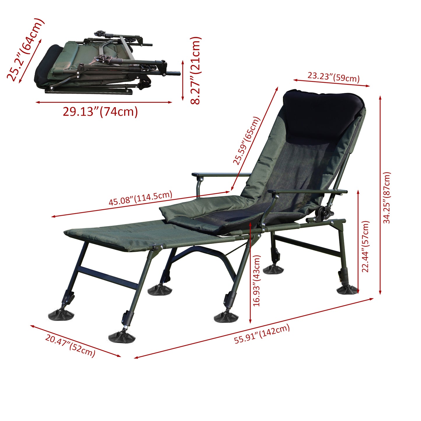 Camping Lounge Chair with Detachable Footrest, Portable Folding Reclining Camping Chair with Adjustable backrest for Indoor and Outdoor Camping Beach Hiking Fishing, Green+black