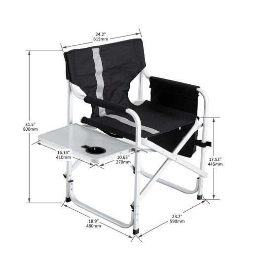 2-piece Padded Folding Outdoor Chair with Side Table and Storage Pockets,Lightweight Oversized Directors Chair for indoor, Outdoor Camping, Picnics and Fishing,Black/Grey