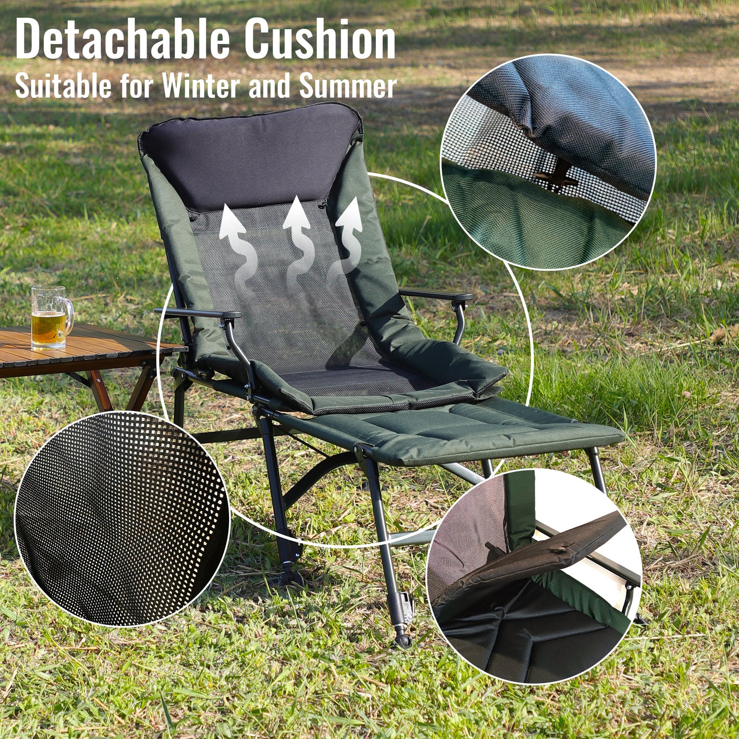 Camping Lounge Chair with Detachable Footrest, Portable Folding Reclining Camping Chair with Adjustable backrest for Indoor and Outdoor Camping Beach Hiking Fishing, Green+black