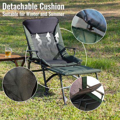 Camping Lounge Chair with Detachable Footrest, Portable Folding Reclining Camping Chair with Adjustable backrest for Indoor and Outdoor Camping Beach Hiking Fishing, Green+black