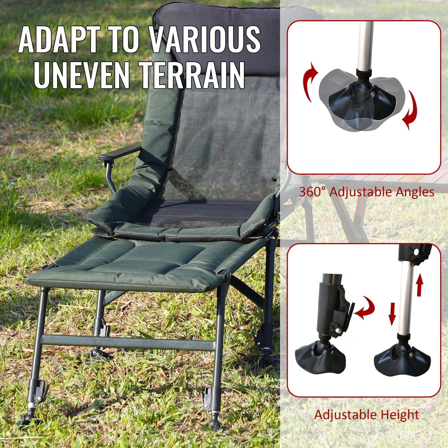Camping Lounge Chair with Detachable Footrest, Portable Folding Reclining Camping Chair with Adjustable backrest for Indoor and Outdoor Camping Beach Hiking Fishing, Green+black