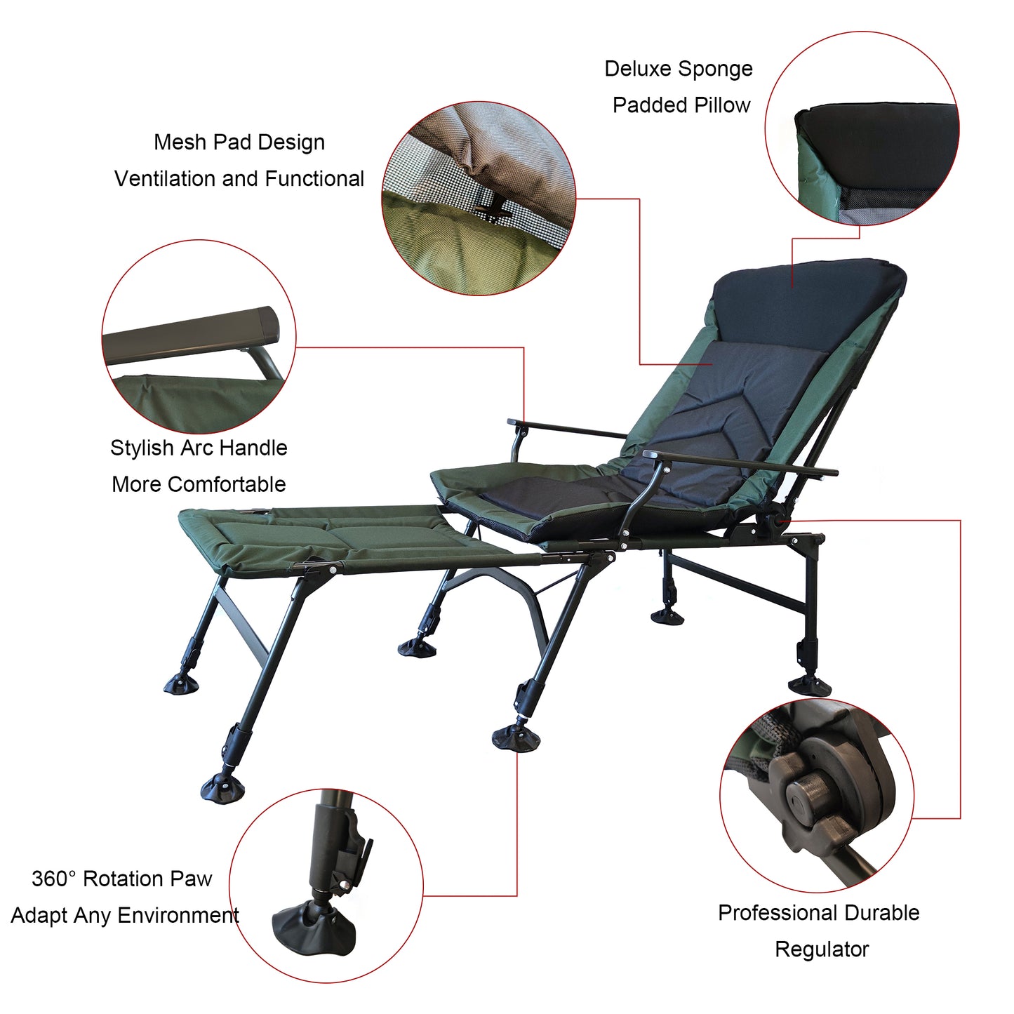 Camping Lounge Chair with Detachable Footrest, Portable Folding Reclining Camping Chair with Adjustable backrest for Indoor and Outdoor Camping Beach Hiking Fishing, Green+black