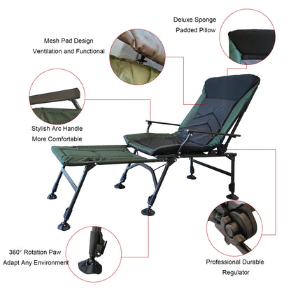 Camping Lounge Chair with Detachable Footrest, Portable Folding Reclining Camping Chair with Adjustable backrest for Indoor and Outdoor Camping Beach Hiking Fishing, Green+black