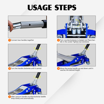3T Aluminum Iron Horizontal Jack/Hydraulic Trolley Service/Floor Jack with Extra Saddle (Fits: SUVs and Extended Height Trucks): 3 Ton (6,600 lb) Capacity, Blue&Silver