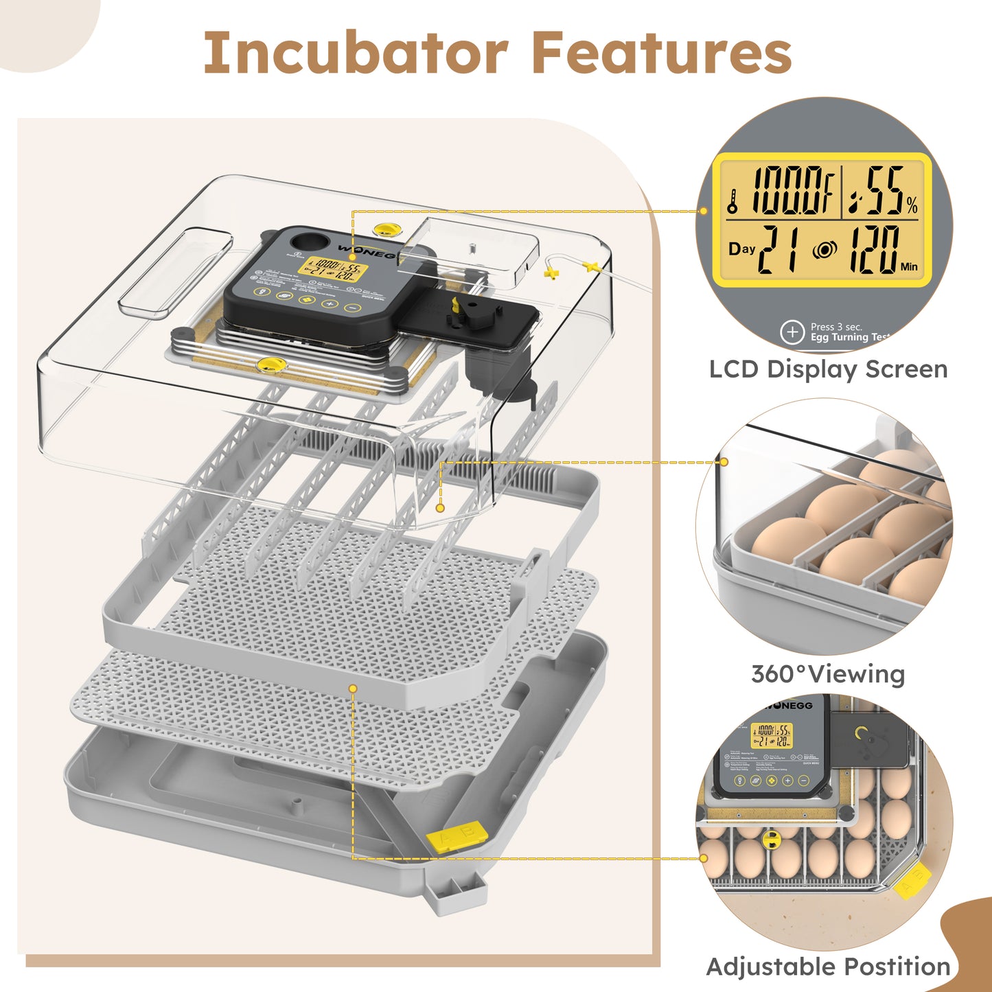 48 Egg Incubator for Hatching Chicken, Duck, Quail & Parrot Eggs – Automatic Egg Turning, Humidity Control & Water Serving – 360° Clear View Poultry Hatcher with Temperature Display