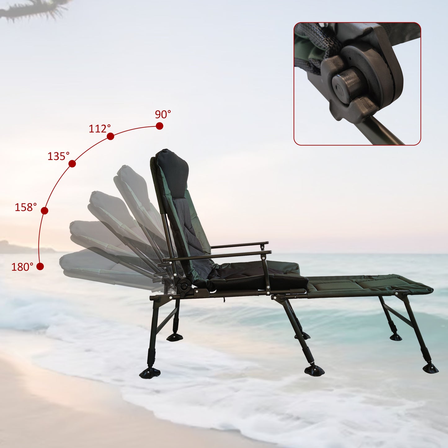 Camping Lounge Chair with Detachable Footrest, Portable Folding Reclining Camping Chair with Adjustable backrest for Indoor and Outdoor Camping Beach Hiking Fishing, Green+black