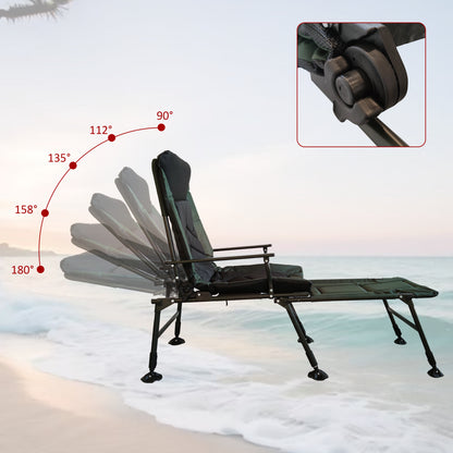 Camping Lounge Chair with Detachable Footrest, Portable Folding Reclining Camping Chair with Adjustable backrest for Indoor and Outdoor Camping Beach Hiking Fishing, Green+black