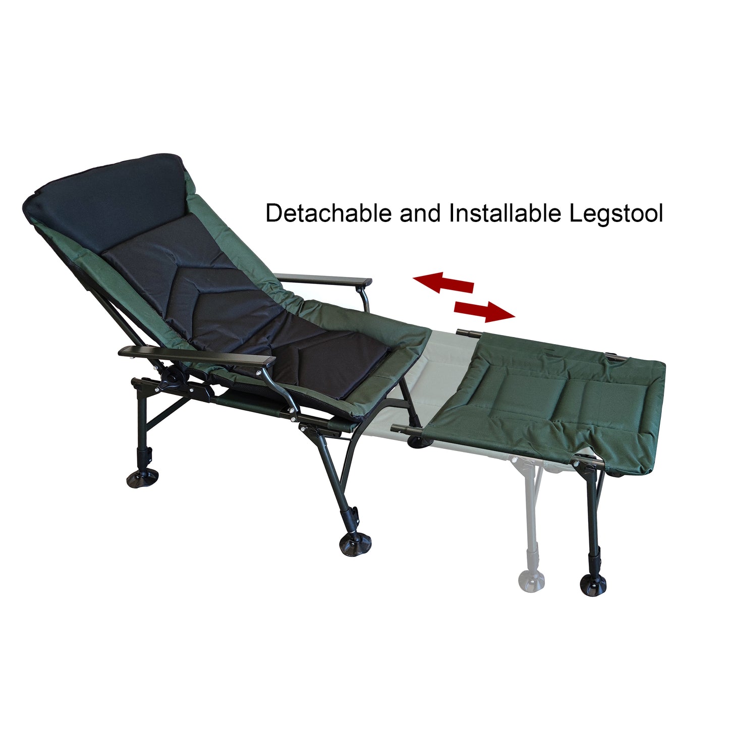 Camping Lounge Chair with Detachable Footrest, Portable Folding Reclining Camping Chair with Adjustable backrest for Indoor and Outdoor Camping Beach Hiking Fishing, Green+black