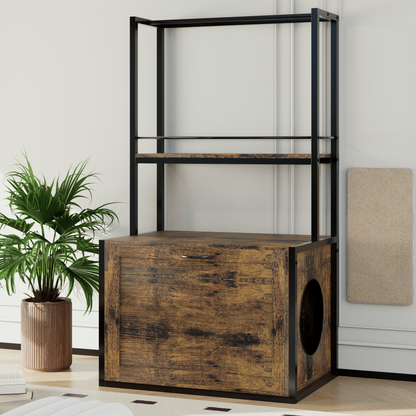55"Refined Litter Box Enclosure with Storage Shelves and 2 Hanging Clothes Rack, 4-in-1 Hidden Cat Litter Box Enclosure Furniture with Shelf, Reversible Entrance,Rustic Brown
