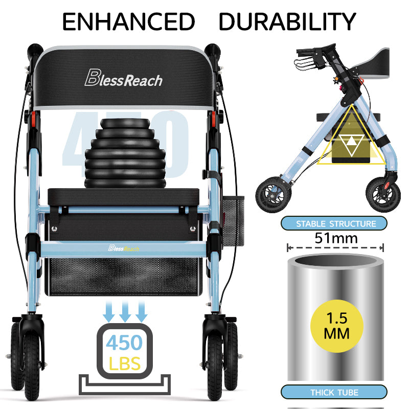 Foldable Rollator Walkers with Seat for Seniors, 450 lb Capacity, 8" Wheels, 18" Big Seat, 6-Position Adjustable Height, Heavy-Duty Aluminum Rolling Walker (BLUE)