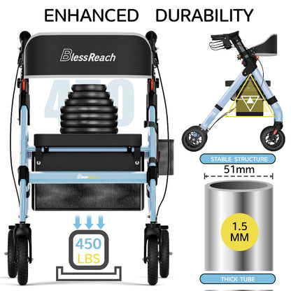 Foldable Rollator Walkers with Seat for Seniors, 450 lb Capacity, 8" Wheels, 18" Big Seat, 6-Position Adjustable Height, Heavy-Duty Aluminum Rolling Walker (BLUE)