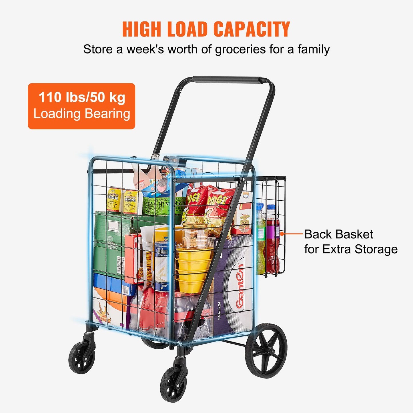 Folding Shopping Cart, Jumbo Grocery Cart with Double Baskets, 360° Swivel Wheels, Heavy Duty Utility Cart, 110 LBS Large Capacity Utility Cart for Laundry, Shopping, Grocery, Luggage