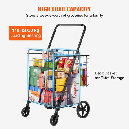 Folding Shopping Cart, Jumbo Grocery Cart with Double Baskets, 360° Swivel Wheels, Heavy Duty Utility Cart, 110 LBS Large Capacity Utility Cart for Laundry, Shopping, Grocery, Luggage