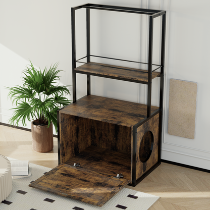 55"Refined Litter Box Enclosure with Storage Shelves and 2 Hanging Clothes Rack, 4-in-1 Hidden Cat Litter Box Enclosure Furniture with Shelf, Reversible Entrance,Rustic Brown