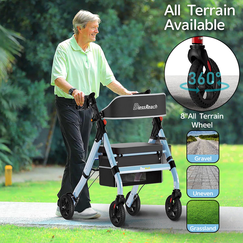 Foldable Rollator Walkers with Seat for Seniors, 450 lb Capacity, 8" Wheels, 18" Big Seat, 6-Position Adjustable Height, Heavy-Duty Aluminum Rolling Walker (BLUE)