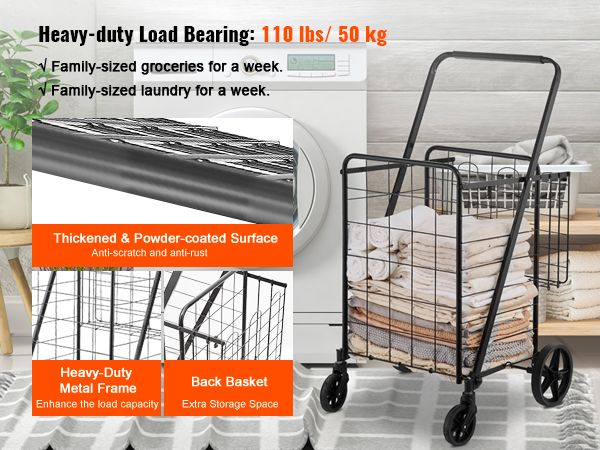 Folding Shopping Cart, Jumbo Grocery Cart with Double Baskets, 360° Swivel Wheels, Heavy Duty Utility Cart, 110 LBS Large Capacity Utility Cart for Laundry, Shopping, Grocery, Luggage