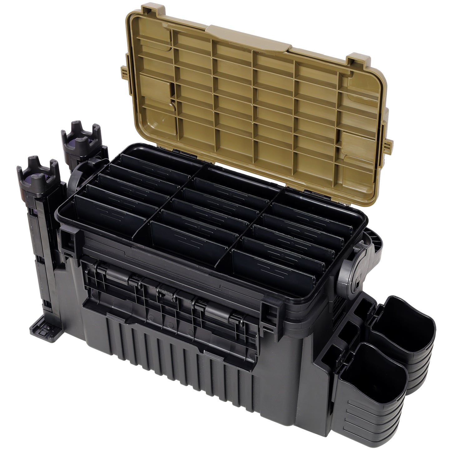 Dual-layer Fishing Tackle Box,Tackle Box Organizer Fishing Box Large,With 2pcs Rod Holder,2pcs Cup Holder,1pc Carring Strap,Army Green