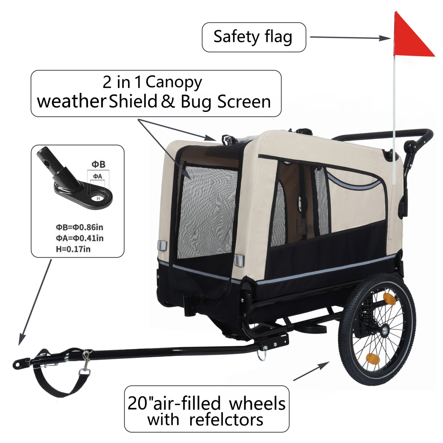 2-in-1 Bike Trailer & Push Cart for Pets - Detachable Bike Hitch & Push Handle Included - All-Terrain Wheels, Quick Release Wheel, Non-Slip Floor, Internal Leash, Holds Up to 88 lbs, Black- Beige