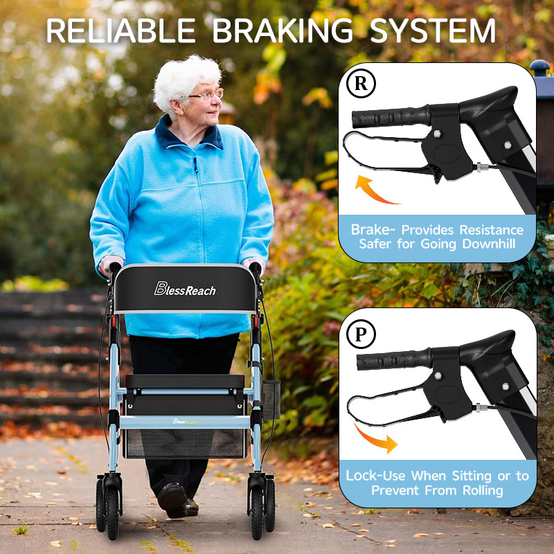 Foldable Rollator Walkers with Seat for Seniors, 450 lb Capacity, 8" Wheels, 18" Big Seat, 6-Position Adjustable Height, Heavy-Duty Aluminum Rolling Walker (BLUE)
