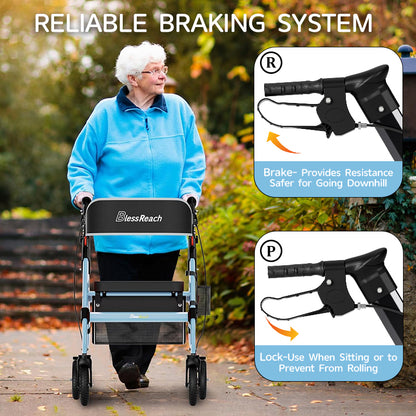Foldable Rollator Walkers with Seat for Seniors, 450 lb Capacity, 8" Wheels, 18" Big Seat, 6-Position Adjustable Height, Heavy-Duty Aluminum Rolling Walker (BLUE)