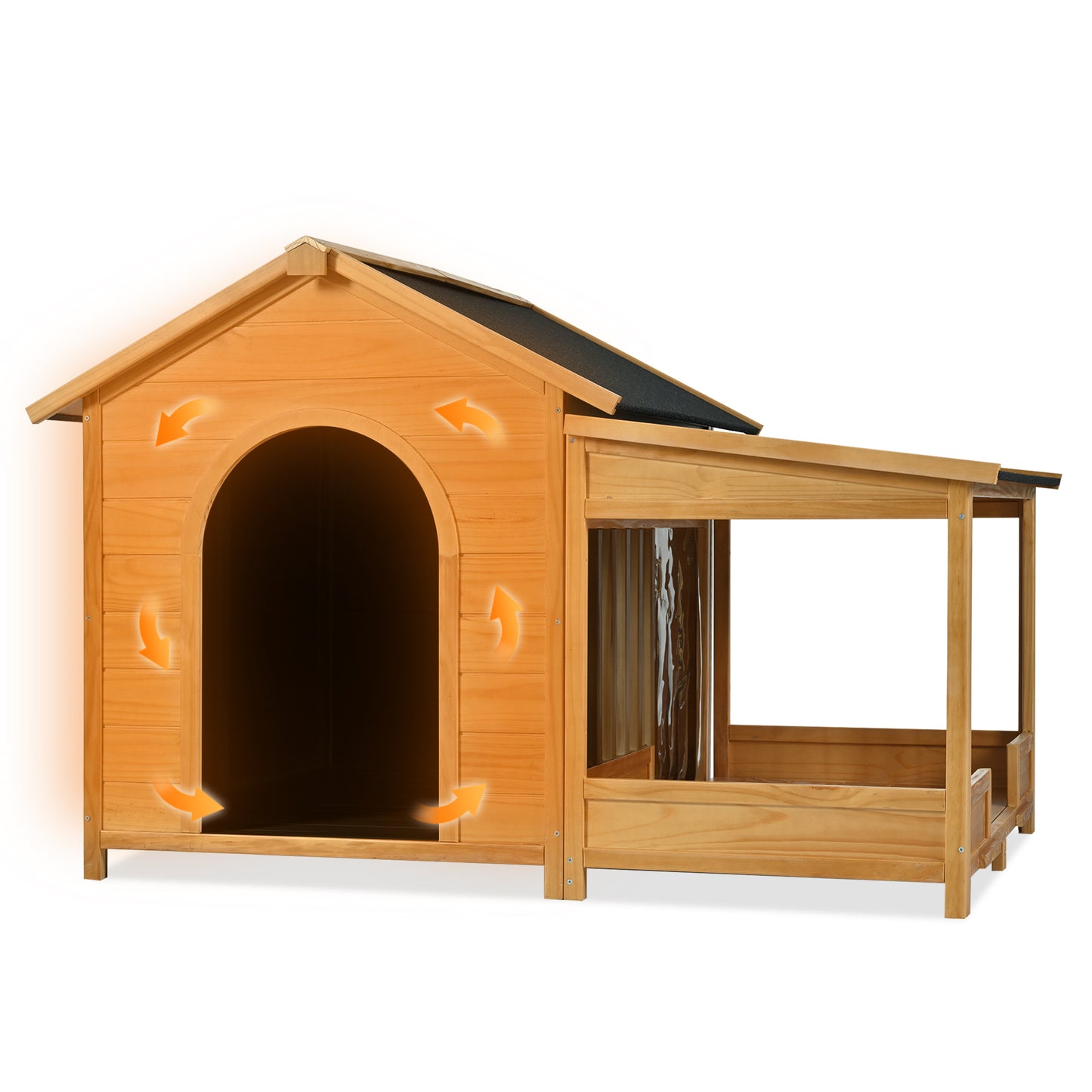 60.2" Large Outdoor Dog House with Insulated Liner for Winter Waterproof Dog Kennel for Medium & Large Dogs, Dog House with Porch and Asphalt Roof and Elevated Floor, Nature