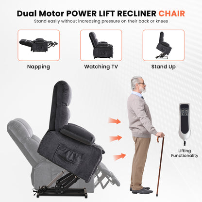 Dual Motor Large Power Lift Recliner Chair for Elderly, Lay Flat Lift Chair with knead the waist and heat, Big Lift Recliner for Tall People, Cup Holders,GREY