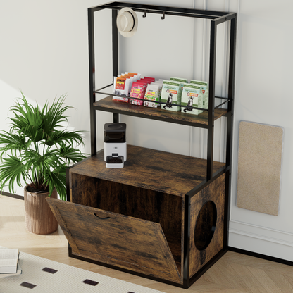 55"Refined Litter Box Enclosure with Storage Shelves and 2 Hanging Clothes Rack, 4-in-1 Hidden Cat Litter Box Enclosure Furniture with Shelf, Reversible Entrance,Rustic Brown