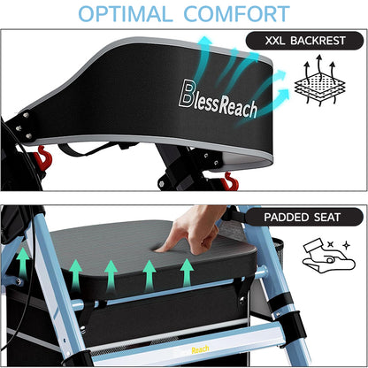 Foldable Rollator Walkers with Seat for Seniors, 450 lb Capacity, 8" Wheels, 18" Big Seat, 6-Position Adjustable Height, Heavy-Duty Aluminum Rolling Walker (BLUE)