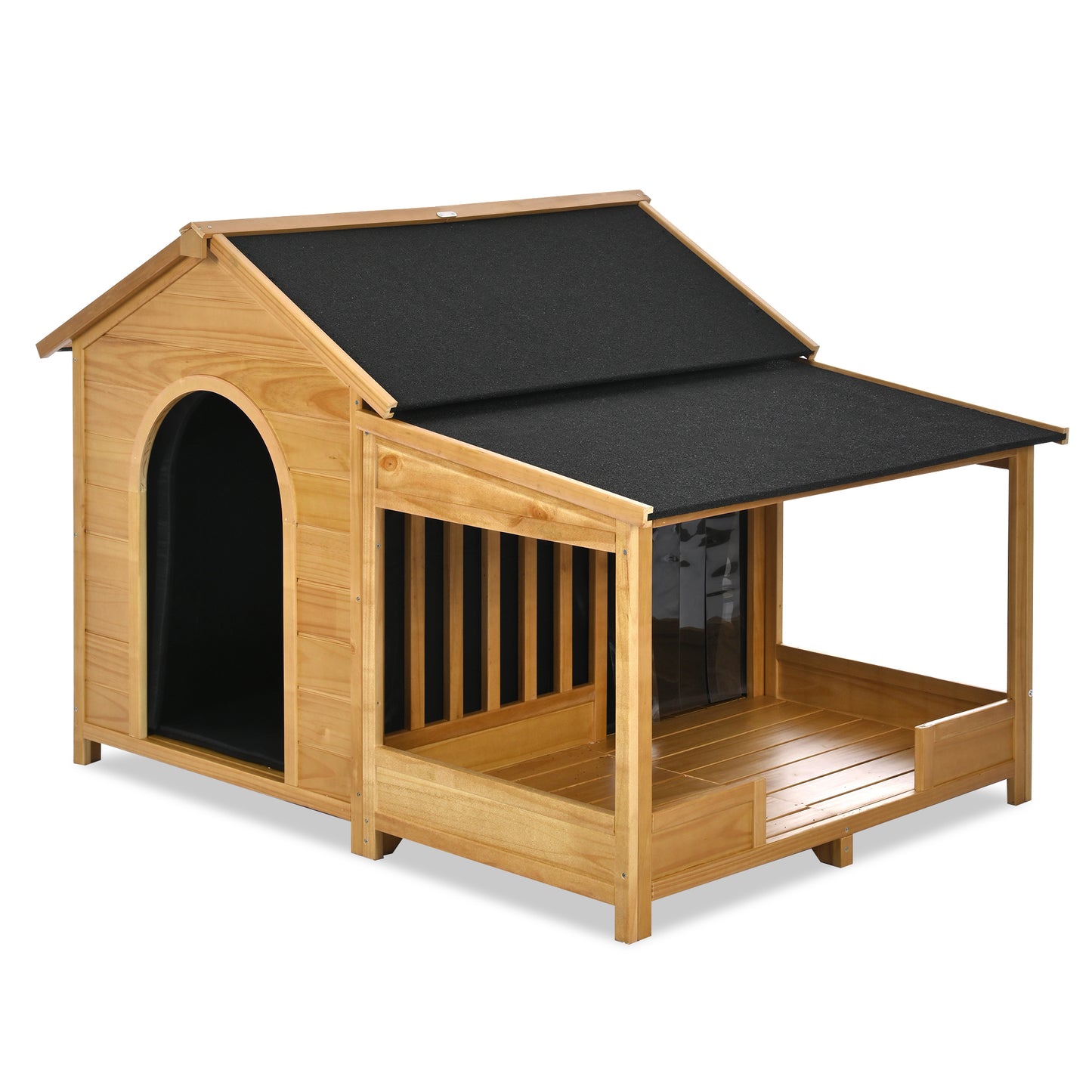 60.2" Large Outdoor Dog House with Insulated Liner for Winter Waterproof Dog Kennel for Medium & Large Dogs, Dog House with Porch and Asphalt Roof and Elevated Floor, Nature