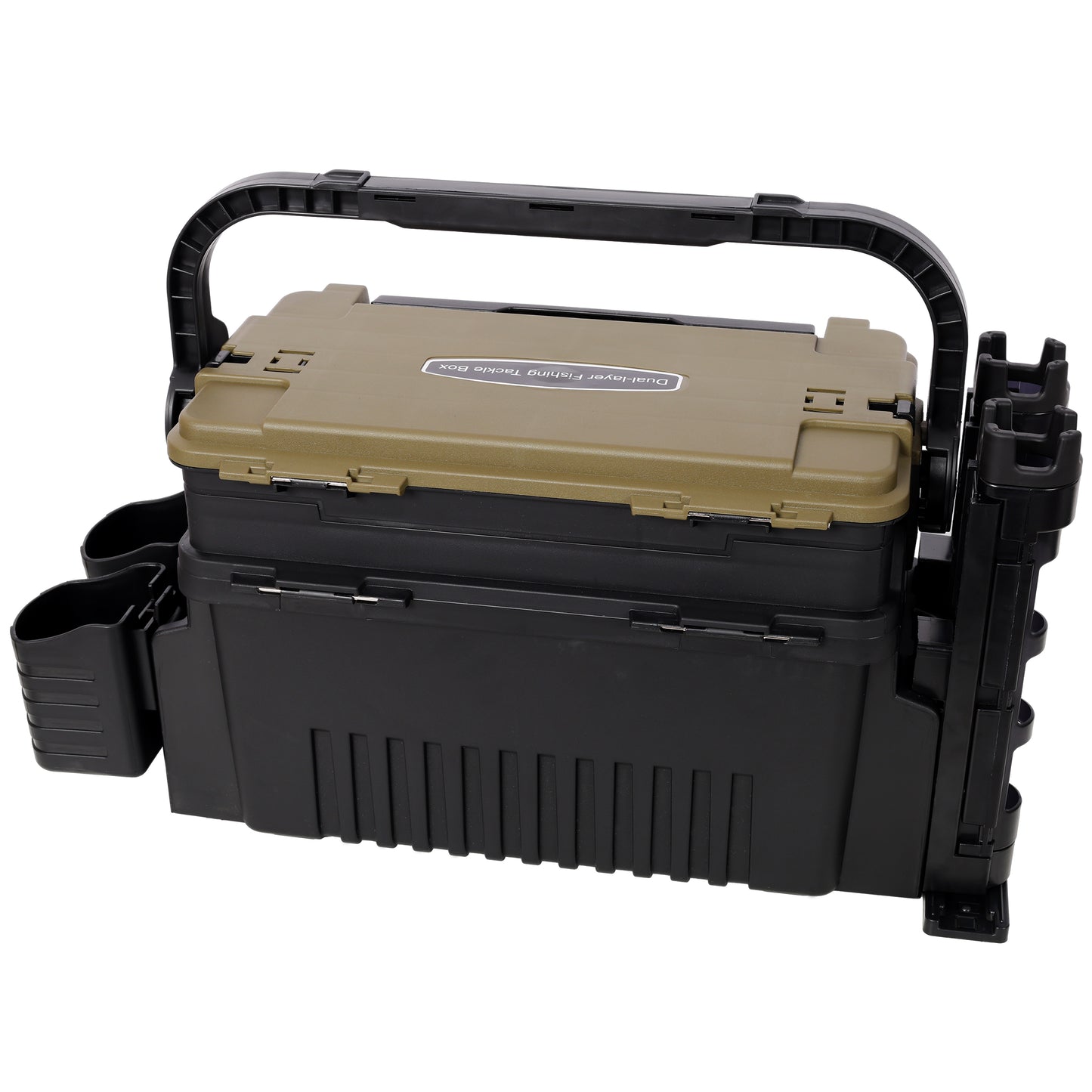 Dual-layer Fishing Tackle Box,Tackle Box Organizer Fishing Box Large,With 2pcs Rod Holder,2pcs Cup Holder,1pc Carring Strap,Army Green