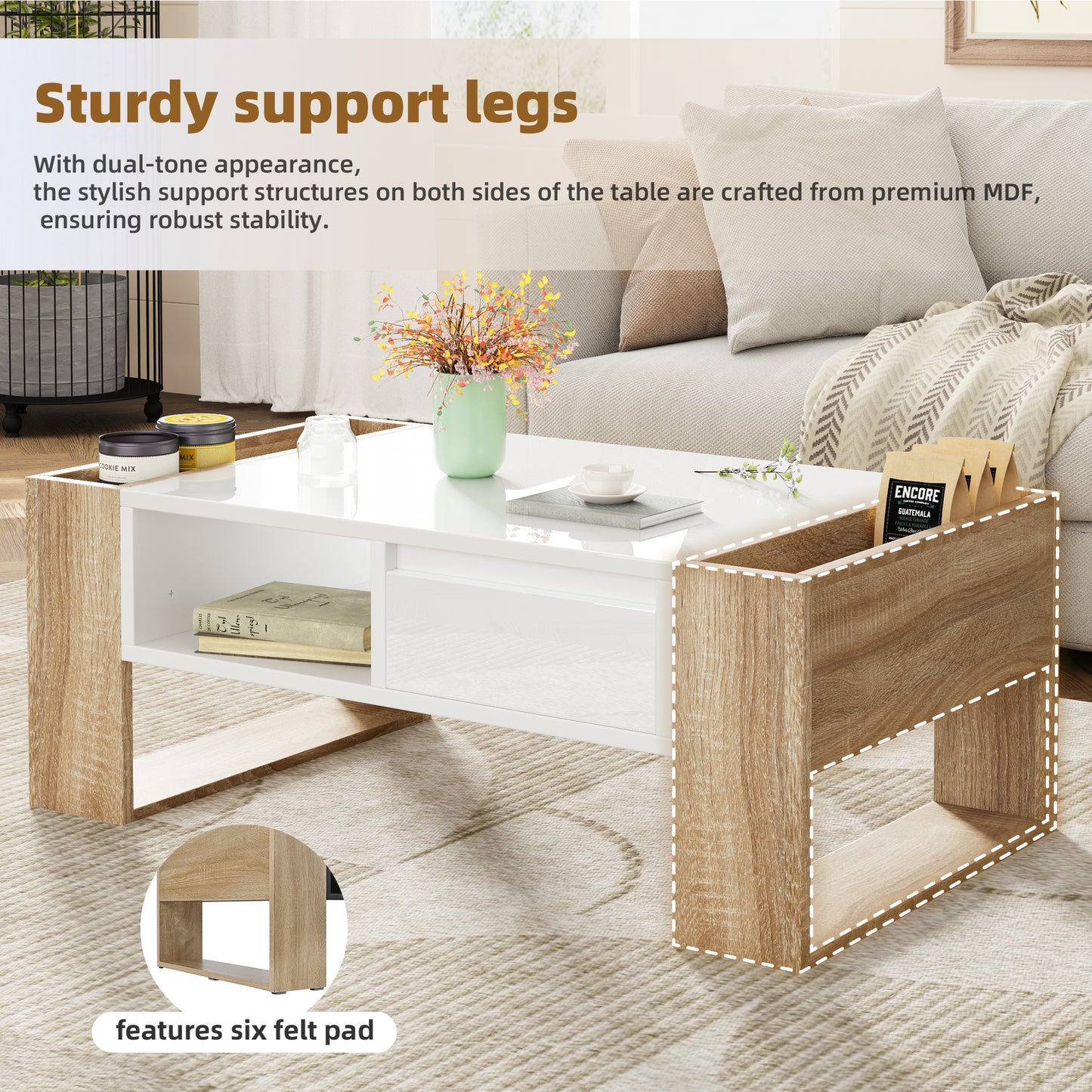 ON-TREND High Glossy Coffee Table with 2 Drawers 