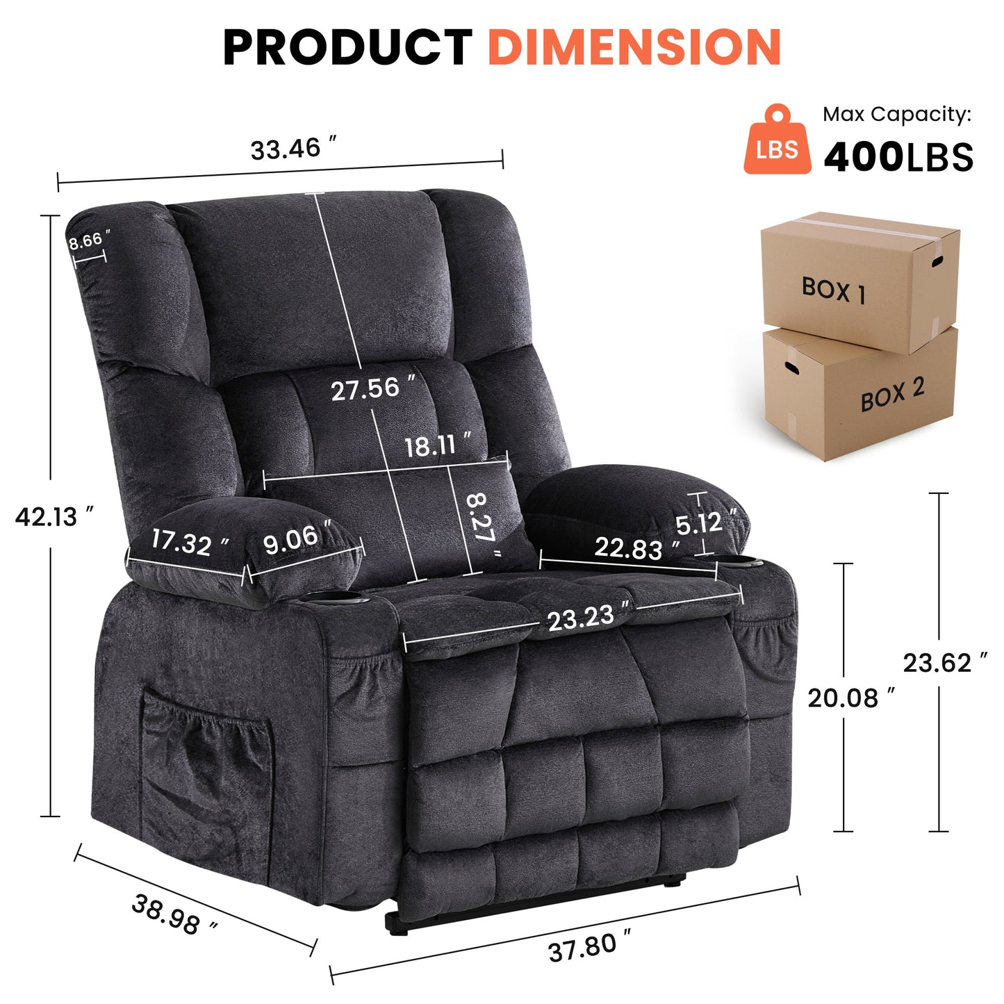 Dual Motor Large Power Lift Recliner Chair for Elderly, Lay Flat Lift Chair with knead the waist and heat, Big Lift Recliner for Tall People, Cup Holders,GREY