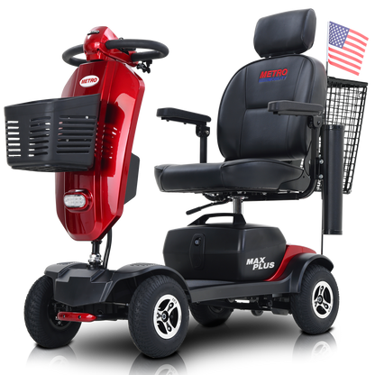 MAX PLUS RED 4 Wheels Outdoor Compact Mobility Scooter with Rear Basket,16 Miles, Cup Holders & USB charger Port