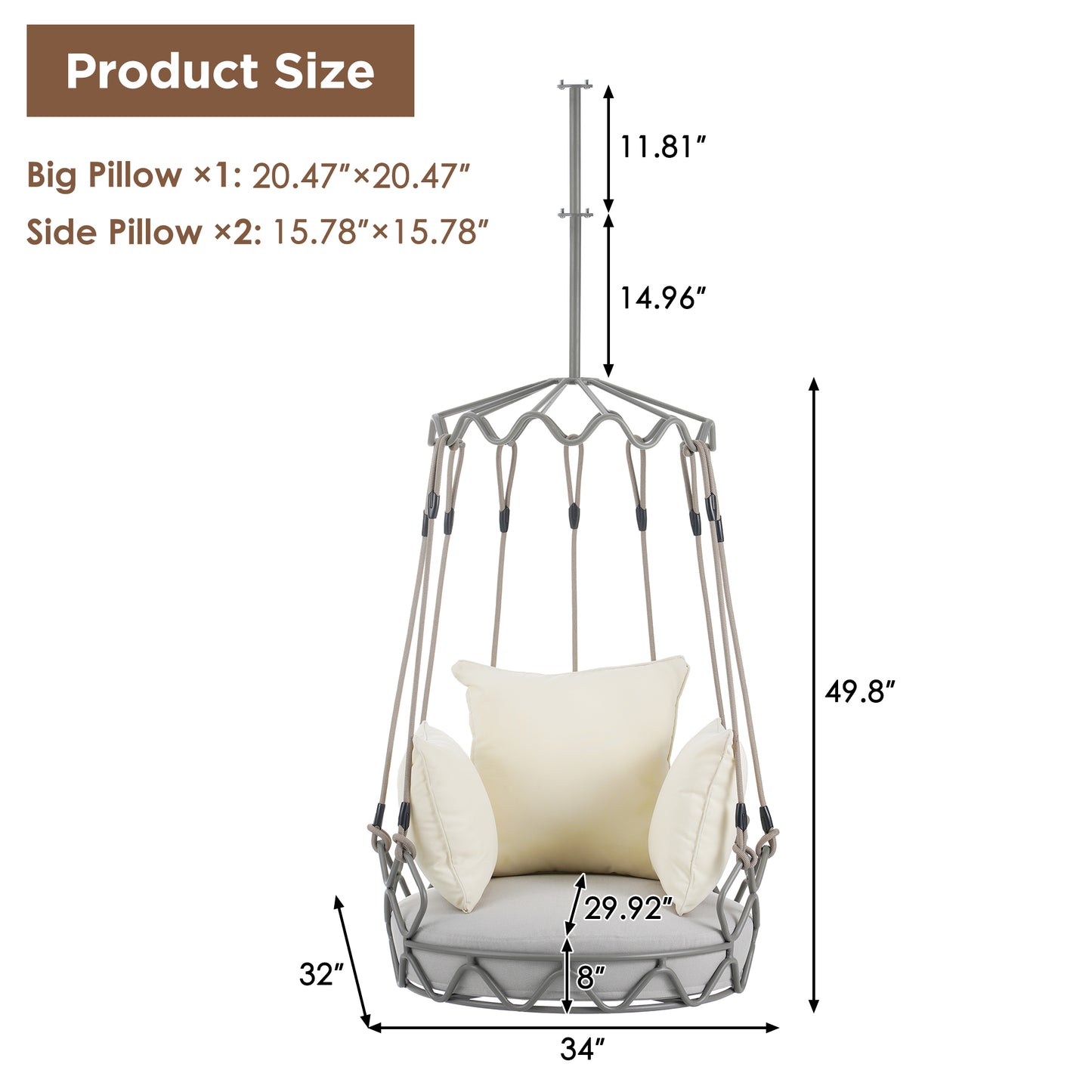 Outdoor Porch Swing Chair Hanging Basket, Hanging Chair with UV Resistant Cushion, Olefin Fabric for Patio Porch, Balcony, Beige