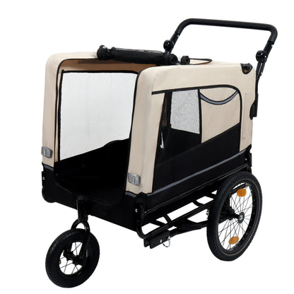 2-in-1 Bike Trailer & Push Cart for Pets - Detachable Bike Hitch & Push Handle Included - All-Terrain Wheels, Quick Release Wheel, Non-Slip Floor, Internal Leash, Holds Up to 88 lbs, Black- Beige