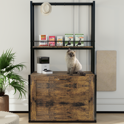 55"Refined Litter Box Enclosure with Storage Shelves and 2 Hanging Clothes Rack, 4-in-1 Hidden Cat Litter Box Enclosure Furniture with Shelf, Reversible Entrance,Rustic Brown